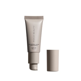 POCO BEAUTY Universal Glow Treatment SPF30 in taupe tube with cap removed, 15ml