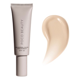 POCO BEAUTY Universal Glow Treatment SPF30 15ml tube with sheer ivory cream swatch shown alongside