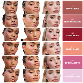 YSL Make Me Blush Liquid Blush shown across 7 models displaying shades from Peachy Nude to Lavender Lust, including shade 44 Nude Lavalliere