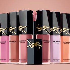 YSL Make Me Blush Liquid Blush in 44 Nude Lavalliere, shown with full range of shades in black and gold packaging