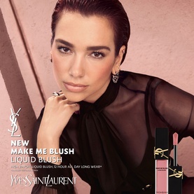 Model with YSL Make Me Blush Liquid Blush in 44 Nude Lavalliere, wearing black sheer top and gold earrings, product shown alongside