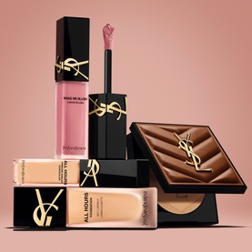 YSL Make Me Blush Liquid Blush in 44 Nude Lavalliere, shown with All Hours foundation and bronzing compact, gold YSL branding throughout