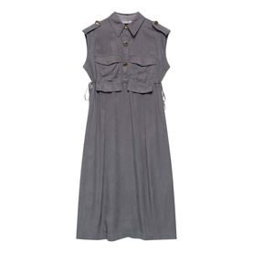 Mint Velvet Utility Shirt Dress in grey, sleeveless midi length with classic collar, flap pockets, shoulder epaulettes and gold-tone buttons