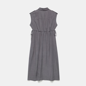 Mint Velvet Utility Shirt Dress in grey, back view showing drawstring waistband, shoulder epaulettes, sleeveless design and midi length