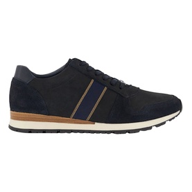 Dune Treck Stripe-Detail Nubuck Wide Fit Trainers in blue with striped webbing, contrast accents, and two-tone white and tan sole
