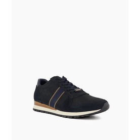 Dune Treck Stripe-Detail Nubuck Wide Fit Trainers in blue with contrast stripe detailing, gold-tone plaque, and two-tone sole