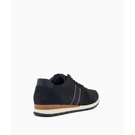 Dune Treck Stripe-Detail Nubuck Wide Fit Trainers in blue, angled rear view showing striped webbing, contrast detailing and two-tone sole