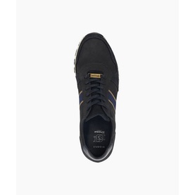 Dune Treck Stripe-Detail Nubuck Wide Fit Trainers in blue, top-down view showing gold-tone logo plaque, lace-up fastening and striped side detailing