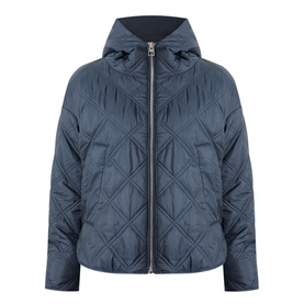 Marc O Polo Quilted Cape Jacket in blue with diamond quilt pattern, zip fastening, attached hood, and welt pockets