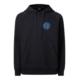 Deus Ex Machina Pill Logo Hoodie in black with drawstring hood, front pouch pocket, and blue circular chest logo