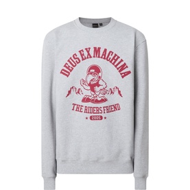 Deus Ex Machina Logo Crew-Neck Sweatshirt in light grey with red graphic logo print, crew neck, ribbed cuffs and hem