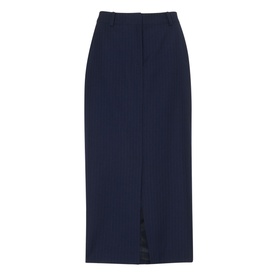 Whistles Tailored Pinstripe Skirt in blue, midi length with front slit, belt loops, and concealed fly fastening