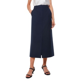 Model wearing Whistles Tailored Pinstripe Skirt in blue, midi length with front slit and side pockets, styled with black sandals