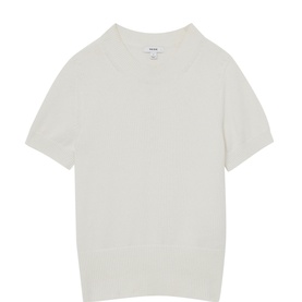Reiss Anita Knitted Sweater Top in white, crew neckline, short sleeves, ribbed trims, subtle texture cotton-wool blend knit
