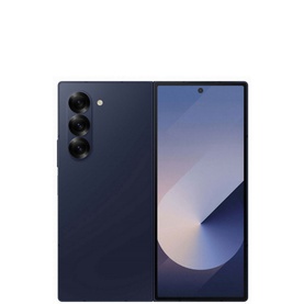 Samsung Fold 6 smartphone in Navy Blue, showing rear triple camera array and unfolded front display