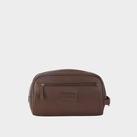 Barbour Logo Grained Leather Wash Bag in dark brown with gold-tone zips, front zip pocket, logo badge, and carry handle