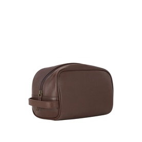 Barbour Logo Grained Leather Wash Bag in dark brown with top-zip fastening, carry handle, and front zip pocket