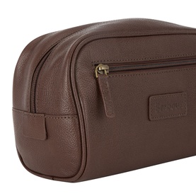 Barbour Logo Grained Leather Wash Bag in dark brown with gold-tone zip hardware, front zip pocket, and embossed logo badge