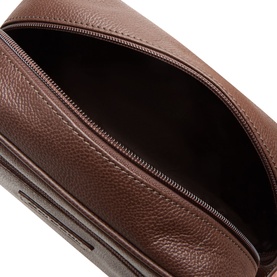 Barbour Logo Grained Leather Wash Bag in dark brown, open top-zip view showing spacious interior and grained leather texture