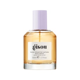 Gisou Honey Infused Hair Perfume Lavender Berry, 50ml glass bottle with lilac cap and golden amber liquid inside.