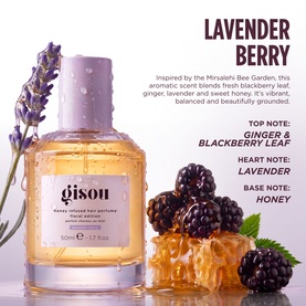 Gisou Honey Infused Hair Perfume in Lavender Berry, 50ml glass bottle with gold cap, styled with lavender sprigs and blackberries
