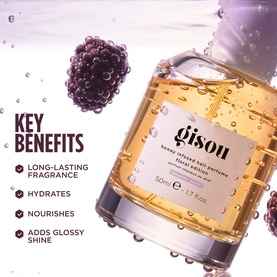 Gisou Honey Infused Hair Perfume Lavender Berry 50ml bottle with key benefits: long-lasting fragrance, hydrates, nourishes, glossy shine