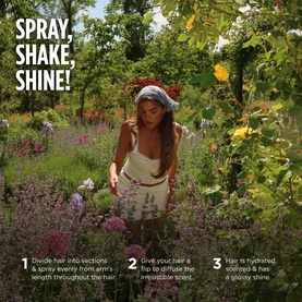 Model with Gisou Honey Infused Hair Perfume Lavender Berry, styled in a flower garden with spray, shake, shine usage steps shown