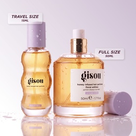 Gisou Honey Infused Hair Perfume Lavender Berry shown in two sizes: travel size 15ml and full size 50ml, Floral Edition bottles with gold cap.