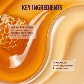 Gisou Honey Infused Hair Perfume key ingredients graphic showing Mirsalehi Honey and Argan Oil with golden honey texture background.