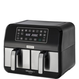 Kenwood Fry Dual 8L Air Fryer in black with dual stainless steel drawers and digital touch control panel displaying dual temperature settings