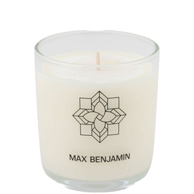 Max Benjamin Ylang Ylang Luxury Candle 210g in white glass vessel with geometric brand logo, cotton wick, 100% natural wax