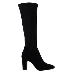 Dune Simple Knee High Boots in black suede, pointed toe, block heel, fitted knee-high silhouette with side-zip fastening