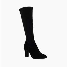 Dune Simple Knee High Boots in black suede with pointed toe, block heel, fitted knee-high silhouette and side-zip fastening