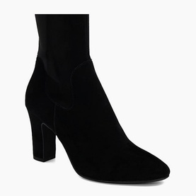 Dune Simple Knee High Boots in black suede, pointed toe, block heel and fitted silhouette, side-zip fastening