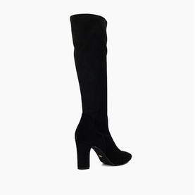 Dune Simple Knee High Boots in black suede, pointed toe, block heel, fitted silhouette, side-zip fastening