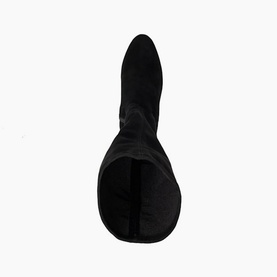 Dune Simple Knee High Boots in black suede, overhead view showing pointed toe, fitted silhouette and side-zip fastening
