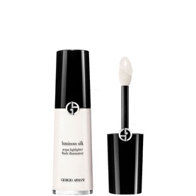 Armani Beauty Luminous Silk Acqua Highlighter in sheer white, slim bottle with doe-foot applicator and black cap