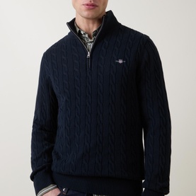 Shield Logo Half-Zip Cable Knit Sweater