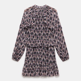 Mint Velvet Ruffle-Detail Printed Dress in beige, long puffed sleeves, smocked cuffs, tiered skirt with ruffle detail, mini length