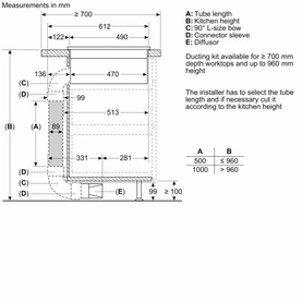 Neff N70 Aspirating Hob 80cm installation diagram showing measurements, ducting kit tube length guide, and component labels A&ndash;E