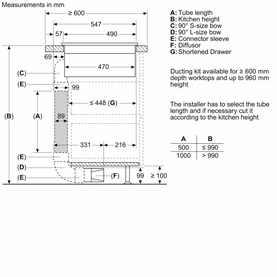 Neff N70 Aspirating Hob 80cm installation dimension diagram showing measurements, ducting kit compatibility, and tube length selection table