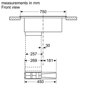 Neff N70 Aspirating Hob 80cm technical front view diagram showing dimensions: 750mm width, 450mm base, 269mm and 181mm internal measurements