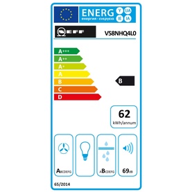 Neff N70 Aspirating Hob 80cm EU energy rating label showing B rating and 62 kWh/annum annual energy consumption