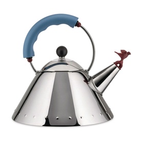 Alessi Whistle Kettle in polished stainless steel with blue handle, black knob, and small red bird whistle on spout tip