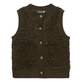 Mint Velvet Boucl&eacute; Gilet in green with round neckline, gold-tone button fastening, ribbed trims, and textured boucl&eacute; finish