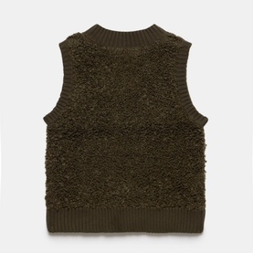 Mint Velvet Boucl&eacute; Gilet in green, sleeveless with round neckline, ribbed trims, and textured boucl&eacute; finish, reverse view