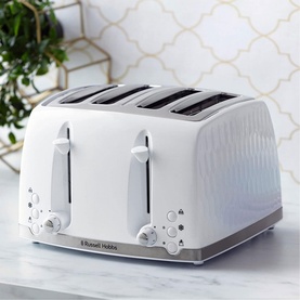 Russell Hobbs Honeycomb Toaster 4 Slice White with textured honeycomb body, four slots, and silver dial controls