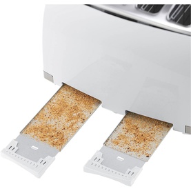 Russell Hobbs Honeycomb 4 Slice White Toaster close-up showing two extended crumb trays with toast residue