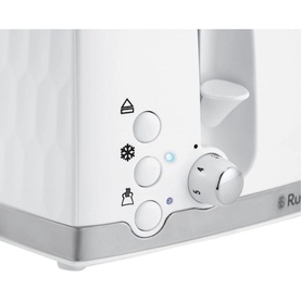 Russell Hobbs Honeycomb Toaster 4 Slice White, close-up of control panel showing defrost, reheat dials and blue indicator light