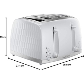 Russell Hobbs Honeycomb Toaster 4 Slice White with dimension annotations showing 19cm height, 27.4cm and 28.8cm width